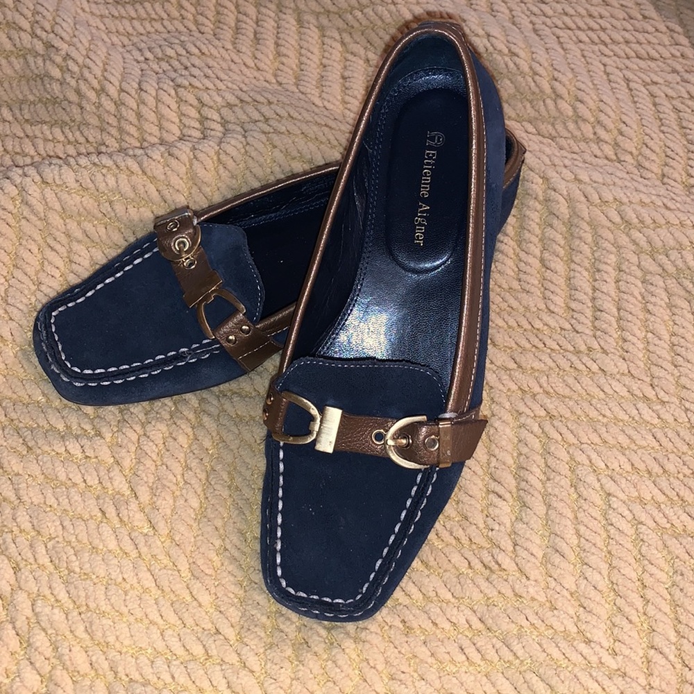 Etienne Aigner Navy Suede Gold Trim Loafer Women